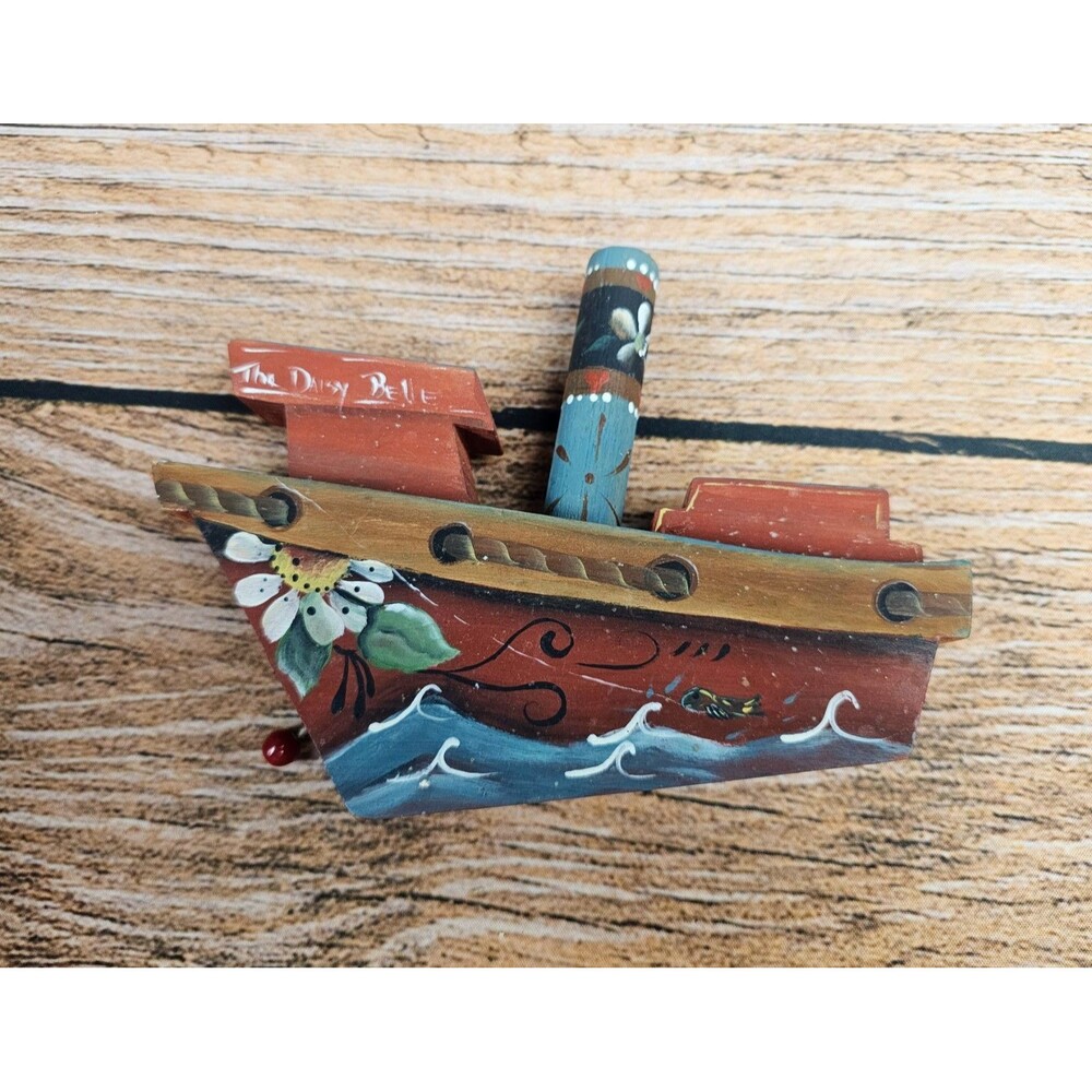 VTG Wooden Boat Ship Music Box Handpainted The Daisy Belle Collectible Kids Toy - Picture 8 of 10
